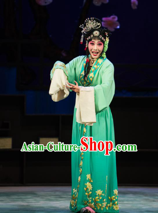 Chinese Hebei Clapper Opera Actress Garment Costumes and Headdress Zhong Kui Traditional Bangzi Opera Hua Tan Green Dress Young Lady Apparels