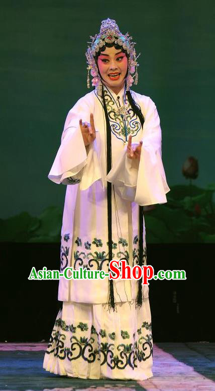 Chinese Hebei Clapper Opera Diva Bai Suzhen Garment Costumes and Headdress Madam White Snake Traditional Bangzi Opera Hua Tan Dress Young Female Apparels