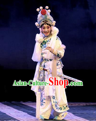 Chinese Hebei Clapper Opera Swordswoman Garment Costumes and Headdress Madam White Snake Traditional Bangzi Opera Martial Female Bai Suzhen Dress Apparels