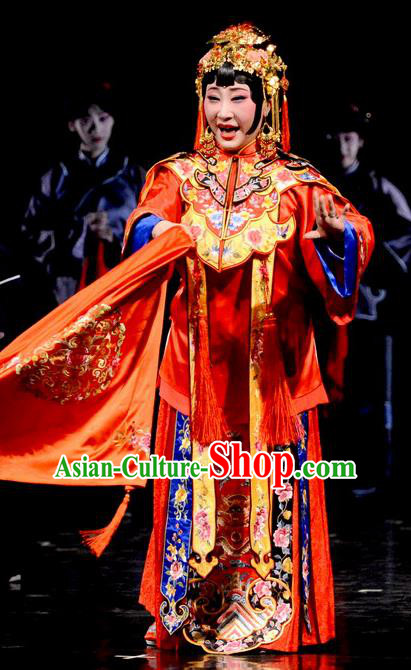 Chinese Hebei Clapper Opera Young Mistress Cao Qiqiao Garment Costumes and Headdress Golden Lock Notes Traditional Bangzi Opera Bride Dress Actress Wedding Apparels