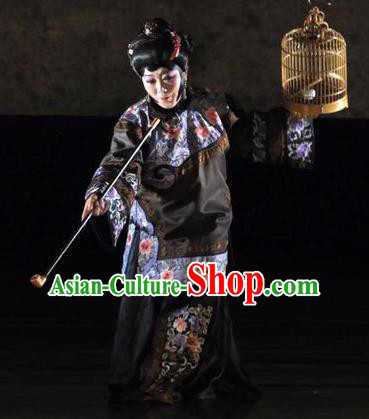 Chinese Hebei Clapper Opera Dowager Garment Costumes and Headdress Golden Lock Notes Traditional Bangzi Opera Rich Female Dress Pantaloon Cao Qiqiao Apparels