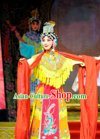 Chinese Hebei Clapper Opera Hua Tan Garment Costumes and Headdress The Lotus Lantern Traditional Bangzi Opera Actress Dress Goddess Apparels
