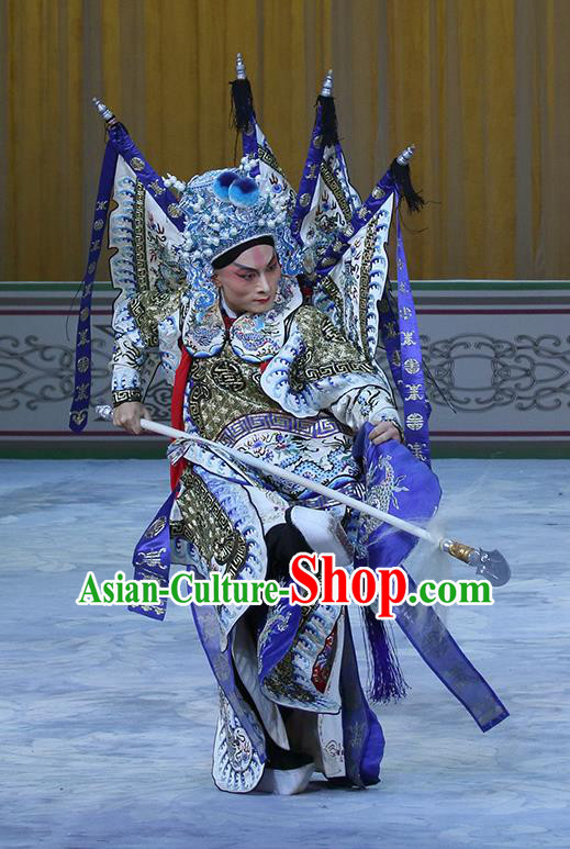 In Extremely Good Fortune Chinese Bangzi Opera General Zhao Yun Apparels Costumes and Headpieces Traditional Hebei Clapper Opera Martial Male Garment Kao Clothing with Flags