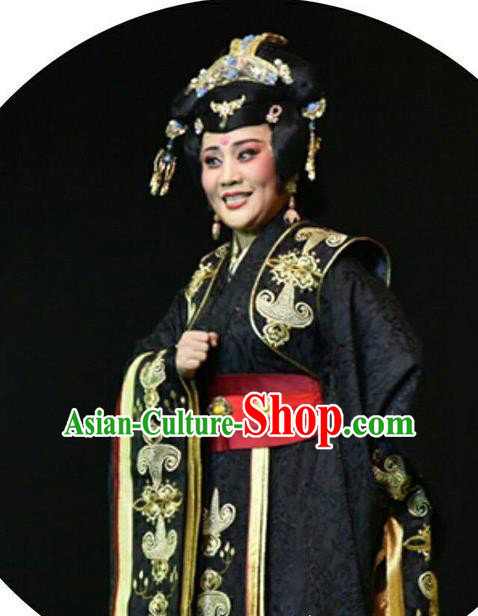 Chinese Shanxi Clapper Opera Queen Feng Yan Garment Costumes and Headdress Ping Cheng Fu Traditional Bangzi Opera Actress Black Dress Diva Apparels