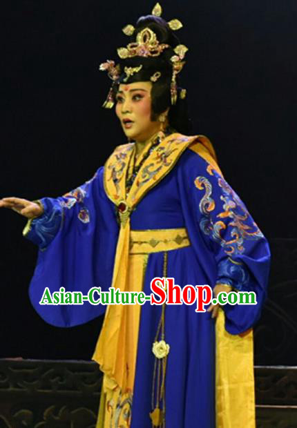 Chinese Shanxi Clapper Opera Imperial Empress Garment Costumes and Headdress Ping Cheng Fu Traditional Bangzi Opera Diva Feng Yan Blue Dress Apparels