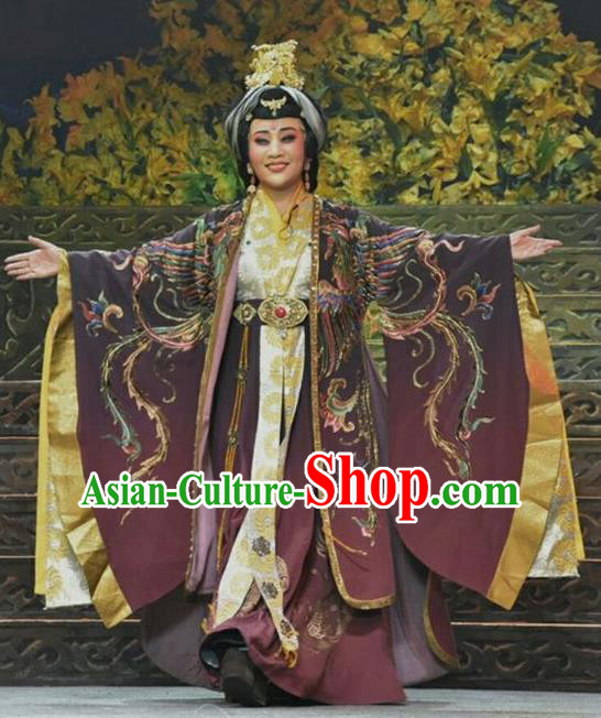 Chinese Shanxi Clapper Opera Noble Dame Garment Costumes and Headdress Ping Cheng Fu Traditional Bangzi Opera Empress Dowager Feng Dress Elderly Female Apparels