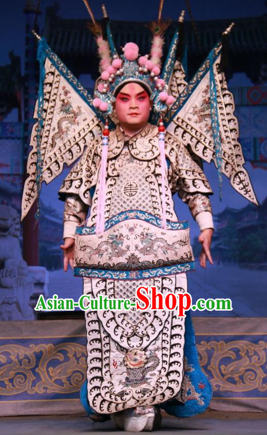 Zhong Bao Guo Chinese Bangzi Opera Wusheng Wang Shexiang Apparels Costumes and Headpieces Traditional Shanxi Clapper Opera Martial Male Garment General Clothing with Flags