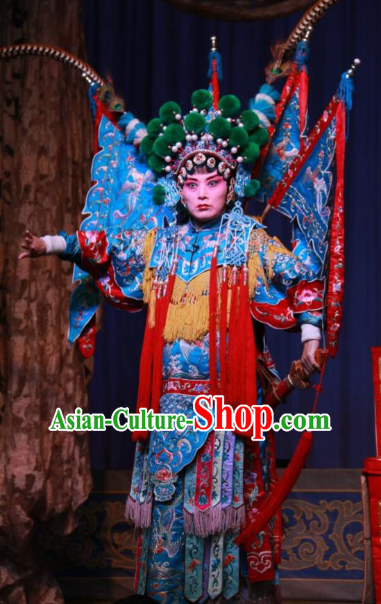 Chinese Shanxi Clapper Opera Martial Female Garment Costumes and Headdress Zhong Bao Guo Traditional Bangzi Opera Actress Dress Tao Ma Tan Apparels with Flags