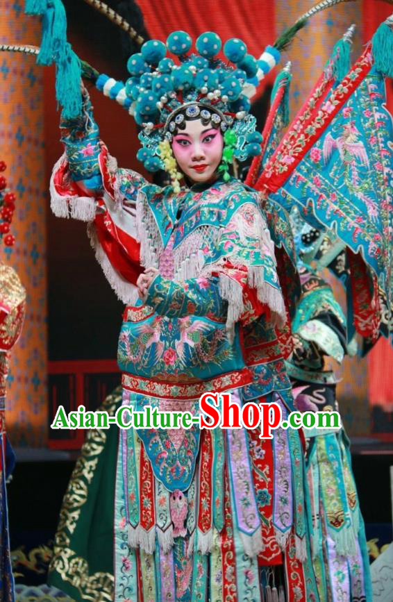 Chinese Shanxi Clapper Opera Mu Guiying Red Garment Costumes and Headdress Women General of Yang Family Traditional Bangzi Opera Tao Ma Tan Dress Apparels with Flags