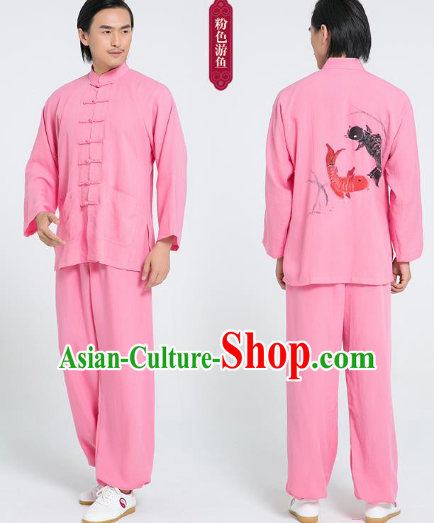 Top Grade Chinese Tai Ji Training Hand Painting Carps Uniforms Kung Fu Martial Arts Costume Shaolin Gongfu Pink Flax Shirt and Pants for Men