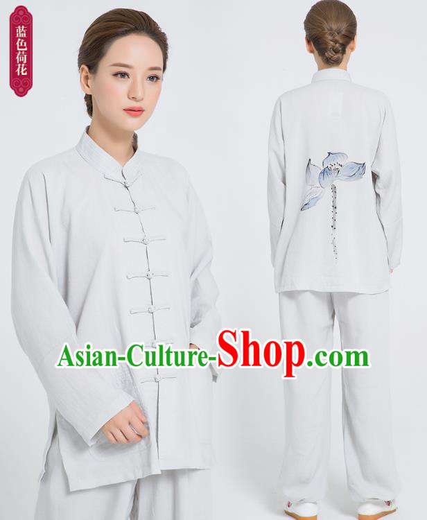 Professional Chinese Hand Painting Lotus Tai Chi Gray Flax Blouse and Pants Outfits Martial Arts Shaolin Gongfu Costumes Kung Fu Training Garment for Women