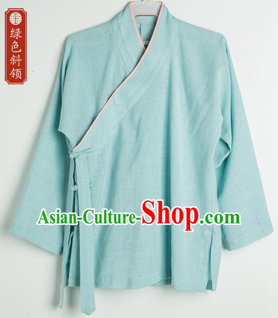 Asian Chinese Traditional Tang Suit Green Flax Shirt Martial Arts Costumes China Kung Fu Upper Outer Garment Clothing for Kids