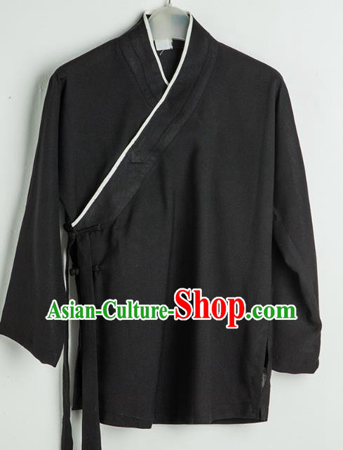 Asian Chinese Traditional Tang Suit Black Flax Shirt Martial Arts Costumes China Kung Fu Upper Outer Garment Clothing for Kids