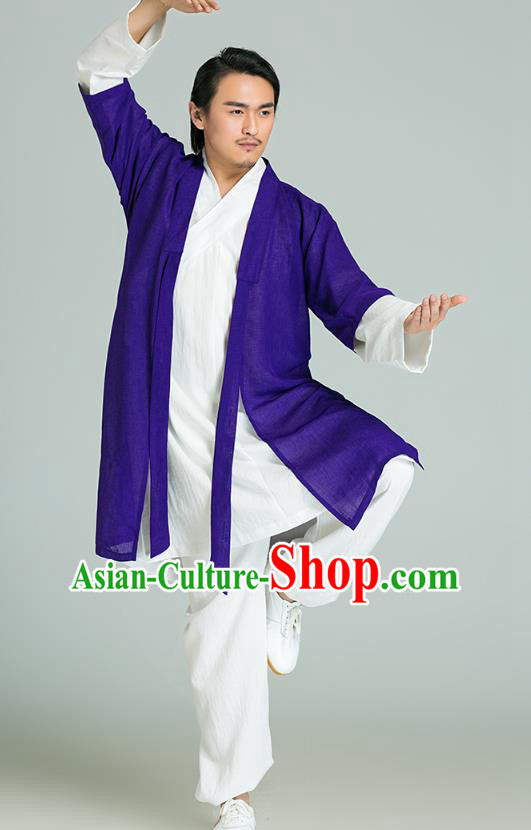 Top Grade Chinese Tai Ji Training Uniforms Kung Fu Martial Arts Costume Shaolin Gongfu Purple Cloak White Shirt and Pants for Men