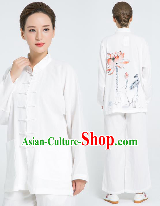 Professional Chinese Hand Painting Lotus Tai Chi White Flax Blouse and Pants Outfits Martial Arts Shaolin Gongfu Costumes Kung Fu Training Garment for Women