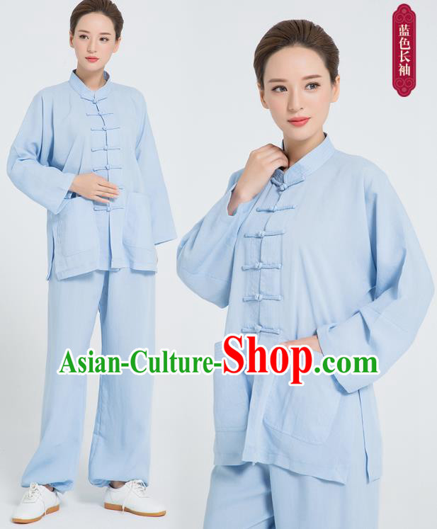 Professional Chinese Hand Painting Lotus Tai Chi Blue Flax Blouse and Pants Outfits Martial Arts Shaolin Gongfu Costumes Kung Fu Training Garment for Women