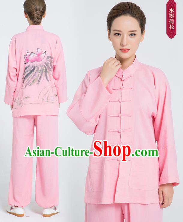 Professional Chinese Hand Painting Lotus Tai Chi Pink Flax Blouse and Pants Outfits Martial Arts Shaolin Gongfu Costumes Kung Fu Training Garment for Women