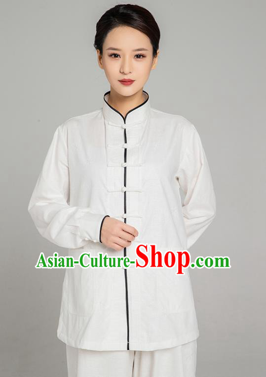 Top Grade Chinese Tai Ji Training White Linen Uniforms Kung Fu Martial Arts Costume Shaolin Gongfu Blouse and Pants for Men