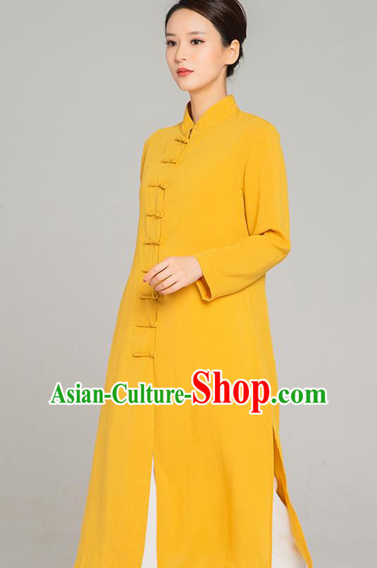 Professional Chinese Tang Suit Yellow Flax Gown and Pants Outfits Martial Arts Costumes Kung Fu Tai Chi Training Garment for Women