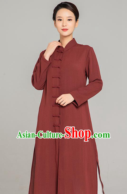 Professional Chinese Tang Suit Maroon Flax Gown and Pants Outfits Martial Arts Costumes Kung Fu Tai Chi Training Garment for Women