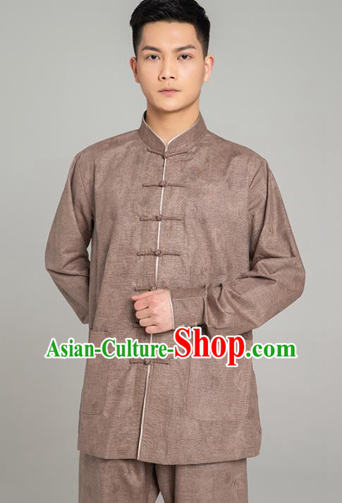 Top Grade Chinese Tai Ji Jacquard Brown Linen Uniforms Kung Fu Martial Arts Training Costume Shaolin Gongfu Blouse and Pants for Men