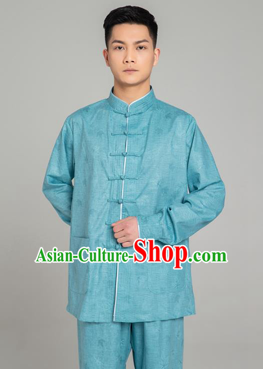 Top Grade Chinese Tai Ji Jacquard Teal Linen Uniforms Kung Fu Martial Arts Training Costume Shaolin Gongfu Blouse and Pants for Men