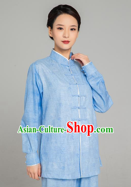 Professional Chinese Tang Suit Jacquard Light Blue Flax Blouse and Pants Outfits Martial Arts Costumes Kung Fu Tai Chi Training Garment for Women