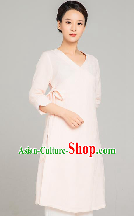 Asian Chinese Traditional Tang Suit Light Pink Flax Blouse Martial Arts Costumes China Kung Fu Upper Outer Garment Dress for Women