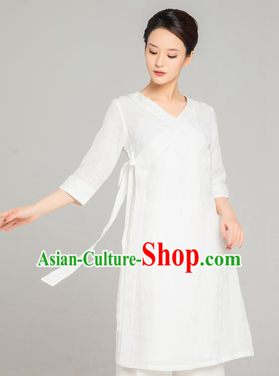 Asian Chinese Traditional Tang Suit White Flax Blouse Martial Arts Costumes China Kung Fu Upper Outer Garment Dress for Women