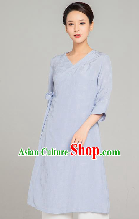 Asian Chinese Traditional Tang Suit Light Blue Flax Blouse Martial Arts Costumes China Kung Fu Upper Outer Garment Dress for Women