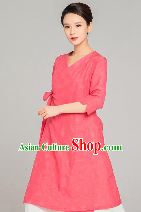 Asian Chinese Traditional Tang Suit Rosy Flax Blouse Martial Arts Costumes China Kung Fu Upper Outer Garment Dress for Women