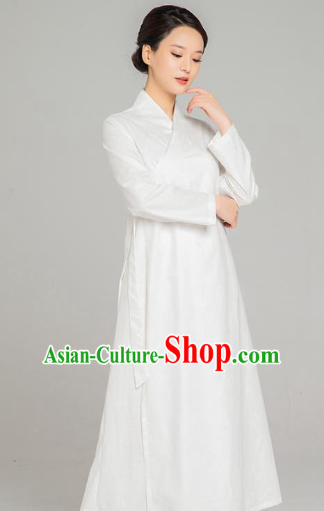 Asian Chinese Traditional Jacquard Maple Leaf White Flax Dress Martial Arts Costumes China Kung Fu Robe Garment for Women