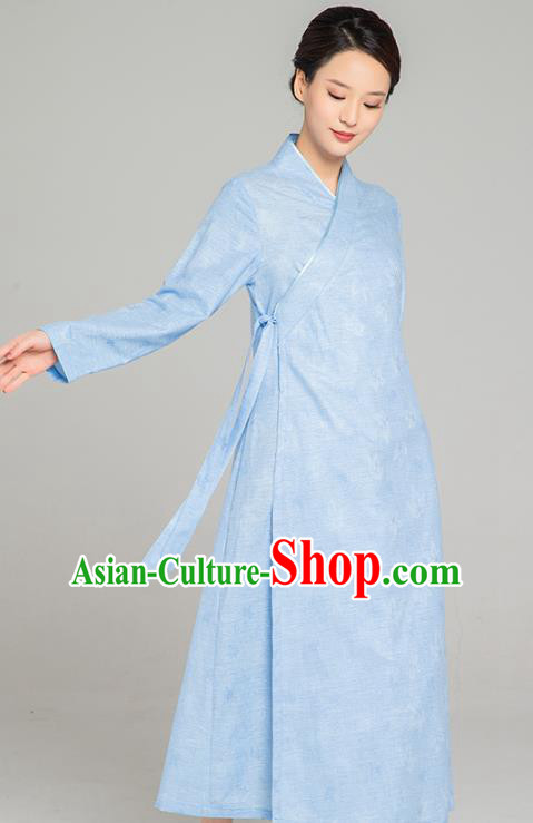 Asian Chinese Traditional Jacquard Maple Leaf Blue Flax Dress Martial Arts Costumes China Kung Fu Robe Garment for Women