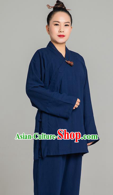 Asian Chinese Traditional Taoist Nun Navy Flax Blouse and Pants Martial Arts Costumes China Kung Fu Garment Outfits for Women