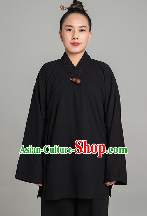 Asian Chinese Traditional Taoist Nun Black Flax Blouse and Pants Martial Arts Costumes China Kung Fu Garment Outfits for Women