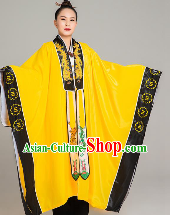 Traditional Chinese Tai Chi Yellow Eight Diagrams Priest Frock Martial Arts Costumes China Taoist Nun Garment Embroidered Dragon Gown for Women
