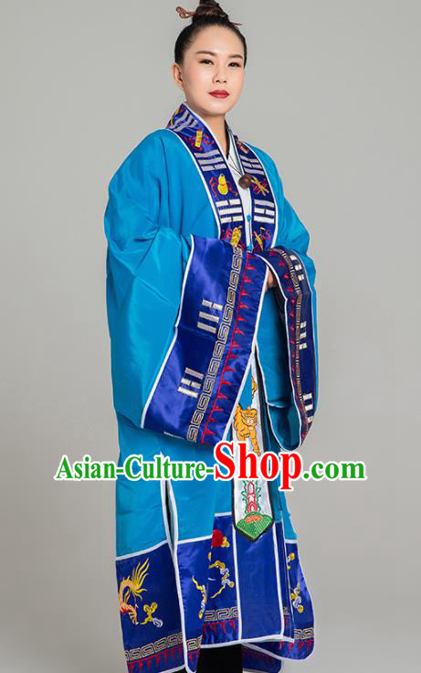 Traditional Chinese Taoist Nun Blue Koshibo Priest Frock Martial Arts Costumes China Taoism Tai Chi Garment Embroidered Pagoda Gown for Women