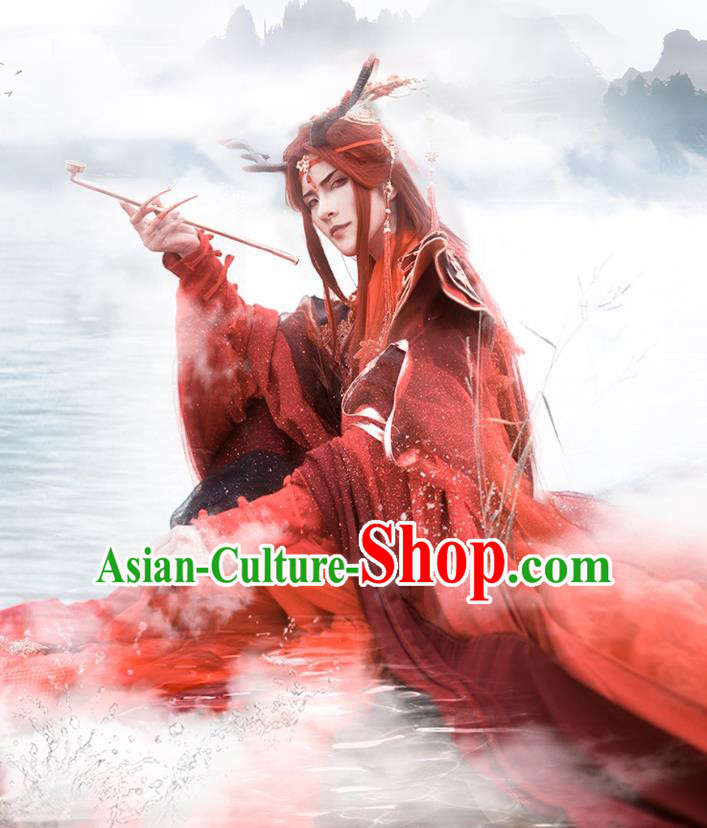 Top Chinese Cosplay Dragon King Dan Zhu Costume Ancient Swordsman Dongfang Bubai Red Clothing for Men