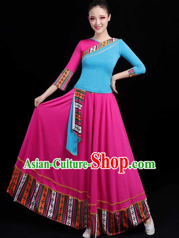 Traditional Chinese Folk Dance Costumes Stage Show Garment Rosy Dress for Women