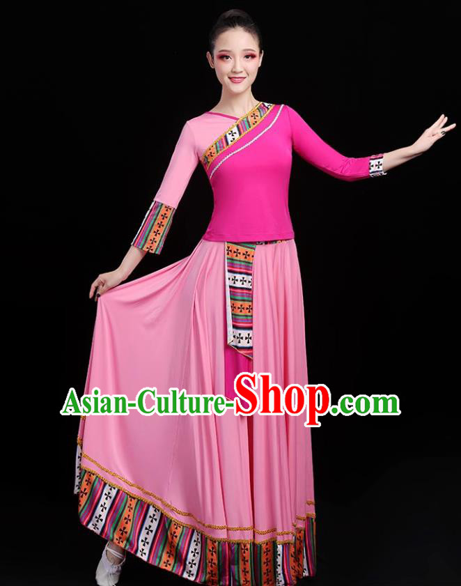 Traditional Chinese Folk Dance Costumes Stage Show Garment Pink Dress for Women