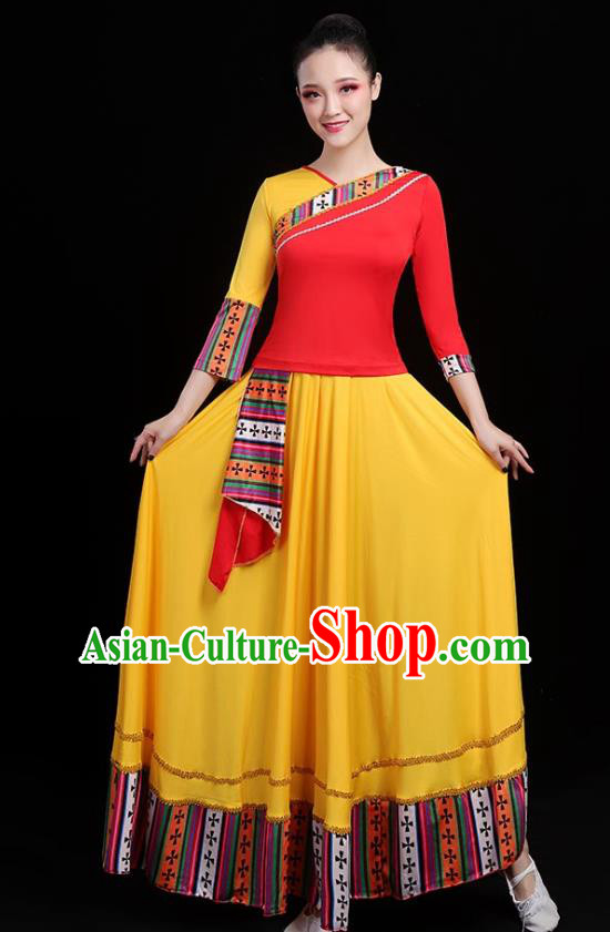 Traditional Chinese Folk Dance Costumes Stage Show Garment Yellow Dress for Women