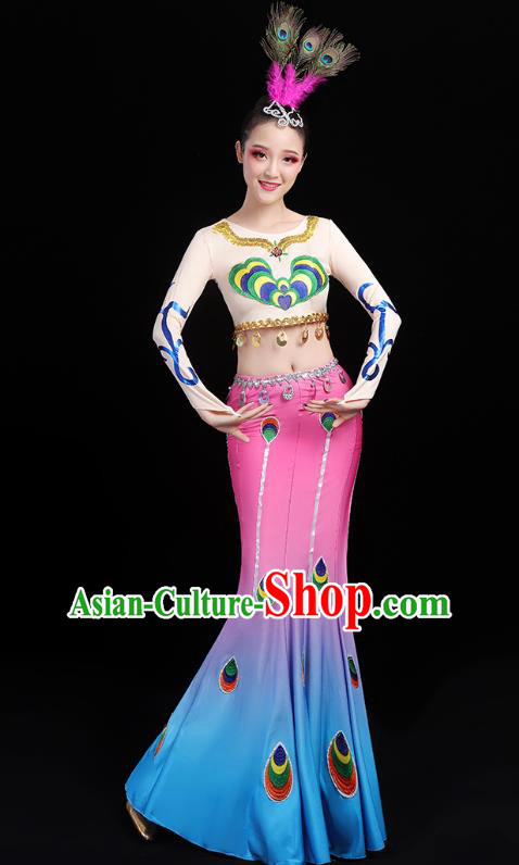 Chinese Traditional Dai Ethnic Dance Costumes Folk Dance Apparels Minority Peacock Dance Blouse and Skirt for Women