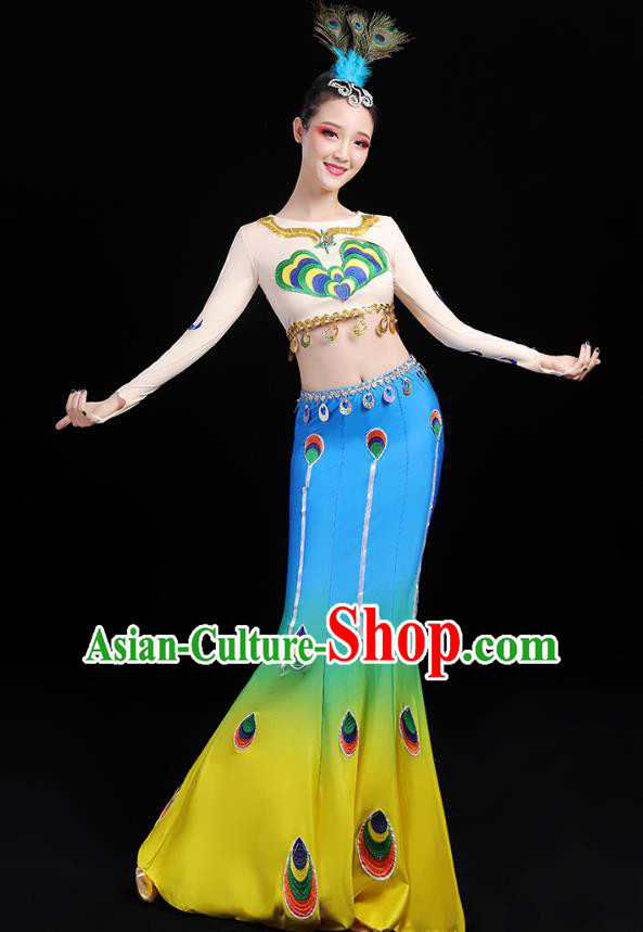 Chinese Traditional Dai Ethnic Dance Costumes Folk Dance Apparels Minority Peacock Dance Blouse and Blue Skirt for Women