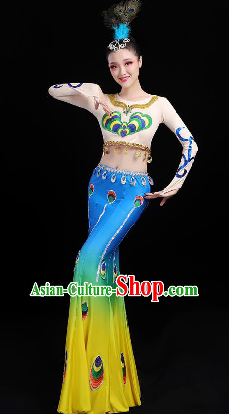 Chinese Traditional Dai Ethnic Dance Costumes Folk Dance Apparels Minority Peacock Dance Blouse and Blue Skirt for Women