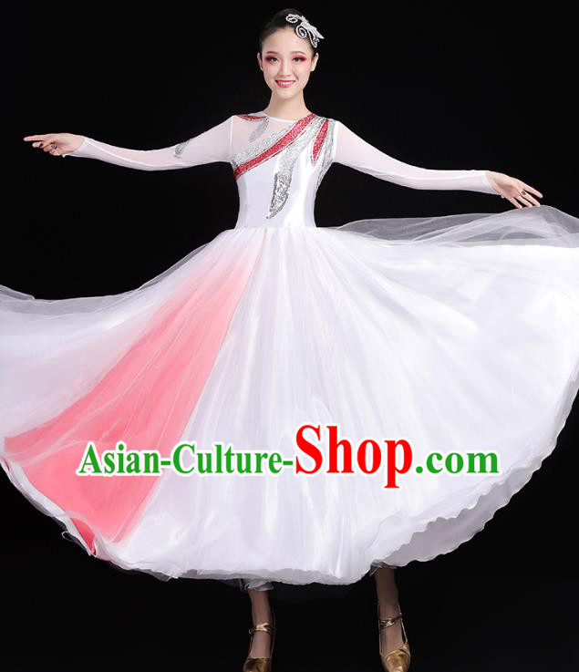 Traditional Chinese Modern Dance Costumes Opening Dance Stage Show Garment Chorus Group White Veil Dress for Women