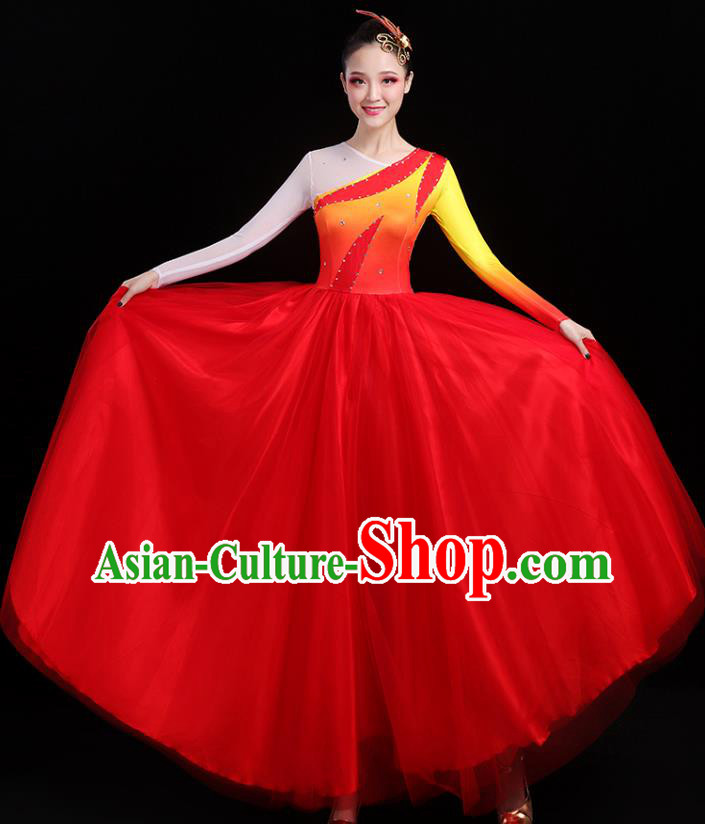 Traditional Chinese Modern Dance Costumes Opening Dance Stage Show Garment Chorus Group Red Veil Dress for Women