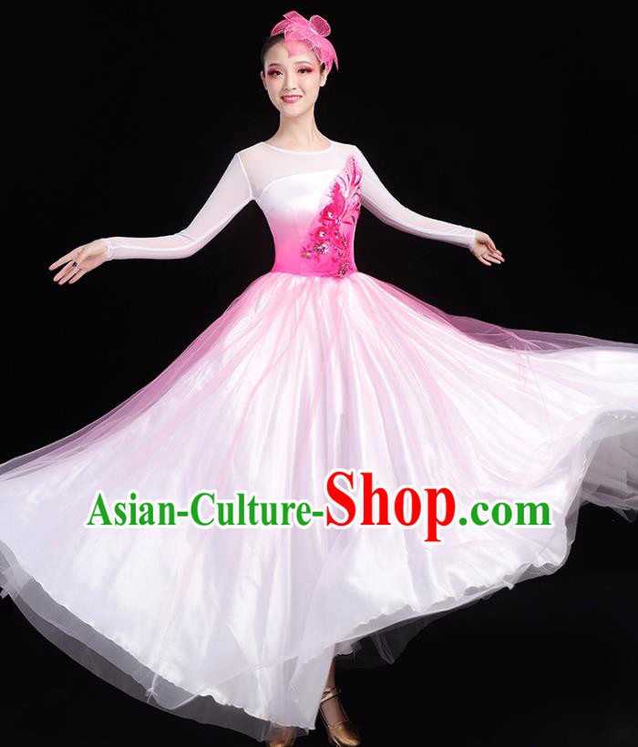 Traditional Chinese Opening Dance Costumes Stage Show Modern Dance Garment Chorus Group Pink Veil Dress and Headpiece for Women