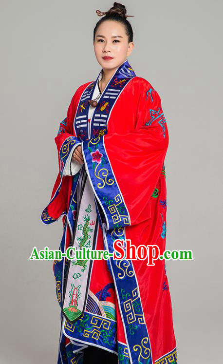 Traditional Chinese Embroidered Dragon Red Gown Taoist Nun Koshibo Priest Frock Martial Arts Costumes China Taoism Tai Chi Garment for Women