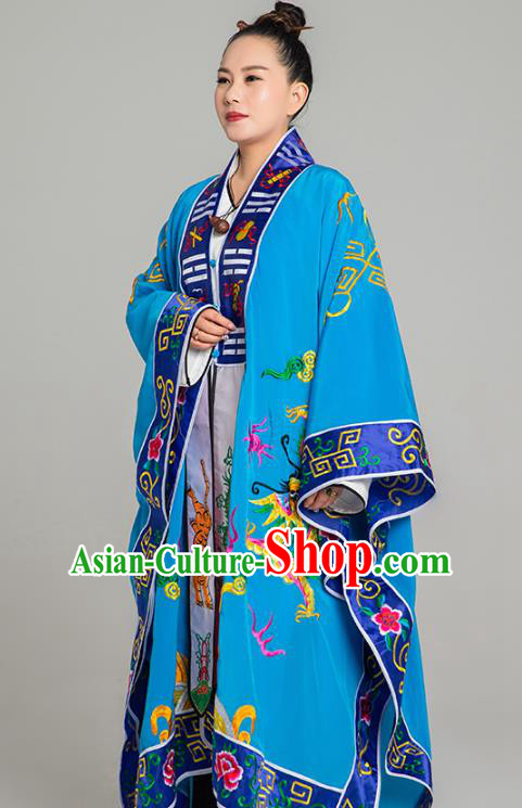 Traditional Chinese Embroidered Dragon Blue Gown Taoist Nun Koshibo Priest Frock Martial Arts Costumes China Taoism Tai Chi Garment for Women