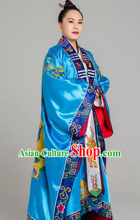 Traditional Chinese Embroidered Blue Silk Gown Priest Frock Martial Arts Costumes China Taoism Taoist Nun Tai Chi Garment for Women